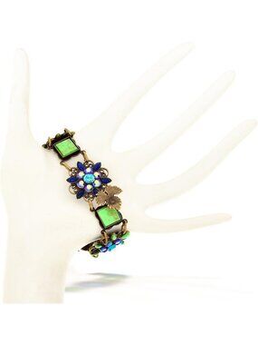 Elegant Crystal & Pewter Cuff Bracelet, Handmade Peacock & Jewel Flower Design